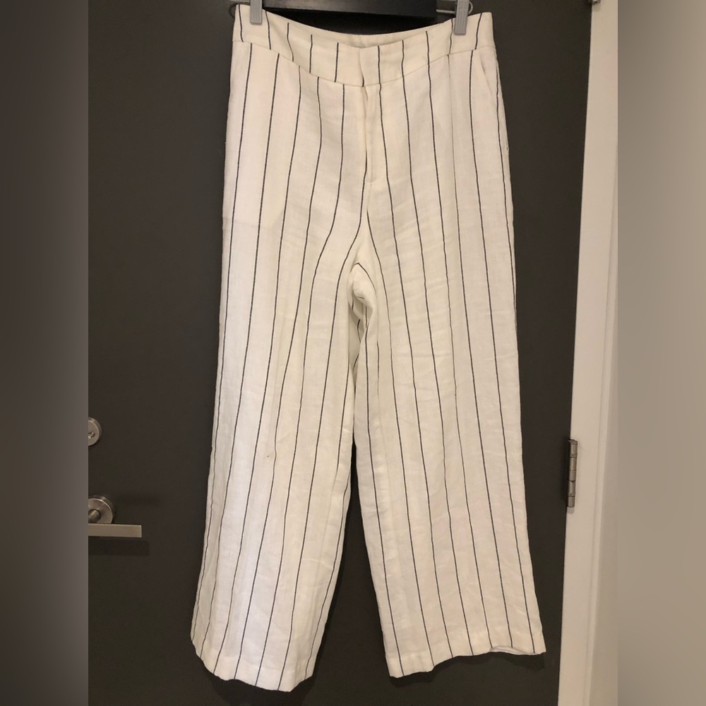 Cream 100% Linen Wide leg pant with black stripe